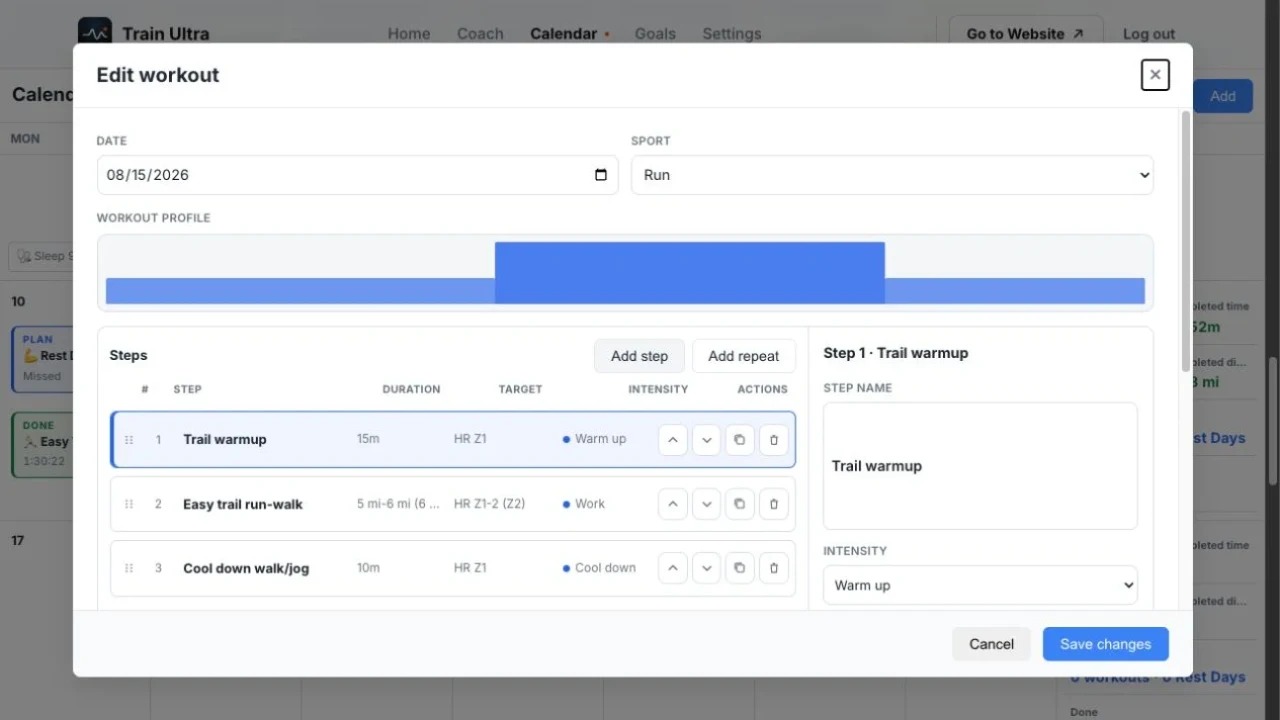 Train Ultra Workout Builder editing a three-step trail run with a continuous profile, compact step list, and step inspector.