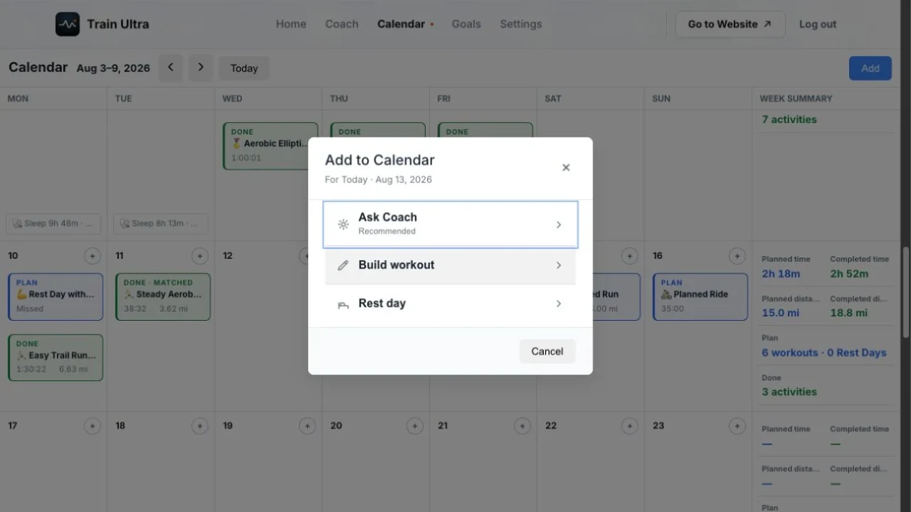 The Train Ultra Add to Calendar menu with Ask Coach, Build workout, and Rest day commands.