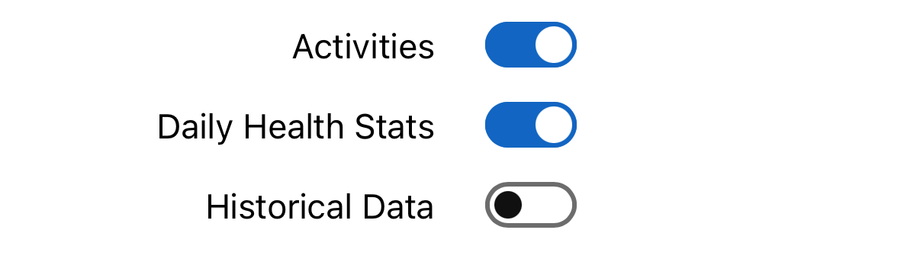 Garmin's screen with Activities and Daily Health Stats on and Historical Data off