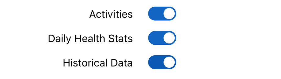 Garmin's screen with Activities, Daily Health Stats, and Historical Data on